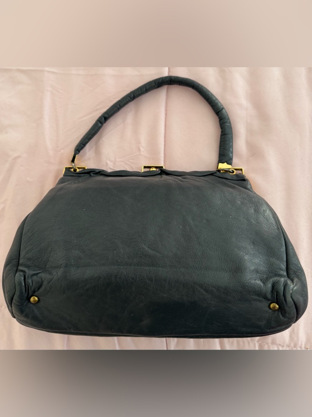Vintage Etra Black genuine Leather Top-Handle clutch reticule handbag Bag, 9x6
